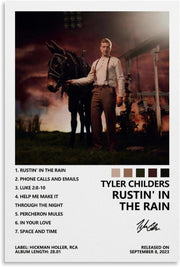 Tyler Childers Rustin' in the Rain poster paper print with a man beside a dark mule under a stormy red sky and track list.