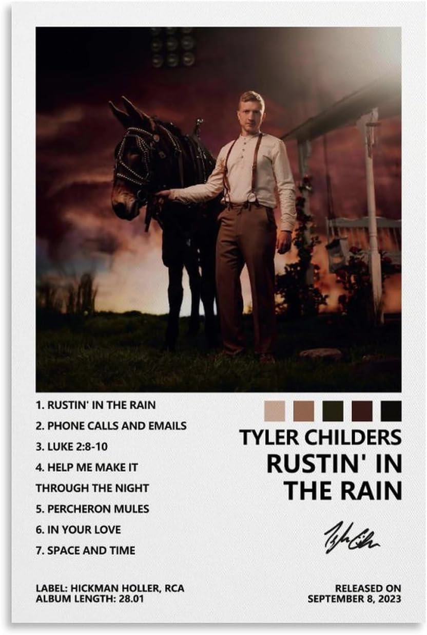 Tyler Childers Rustin' in the Rain poster paper print with a man beside a dark mule under a stormy red sky and track list.