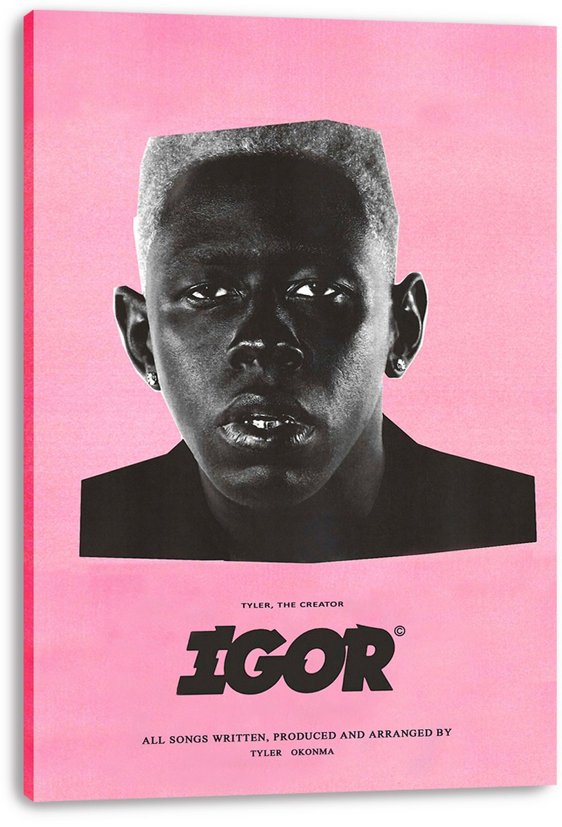 Tyler, The Creator IGOR canvas wall art print features a grayscale portrait, pink ground, and bold black title text.