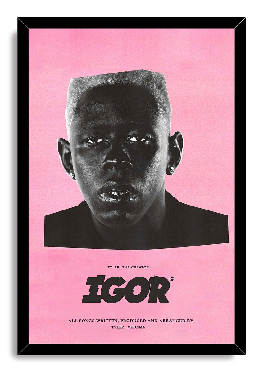 Tyler, The Creator IGOR framed wall art print presents a black-and-white portrait on pink in a black border.