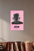 Tyler, The Creator IGOR Album Art in a cozy movie room above a brown sofa with popcorn.