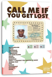 Call Me If You Get Lost canvas wall art print with a travel license portrait, pastel stars, title, and track list.