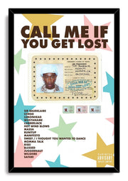 Call Me If You Get Lost framed wall art print with Tyler portrait travel license, bold title, colorful stars, and track list.