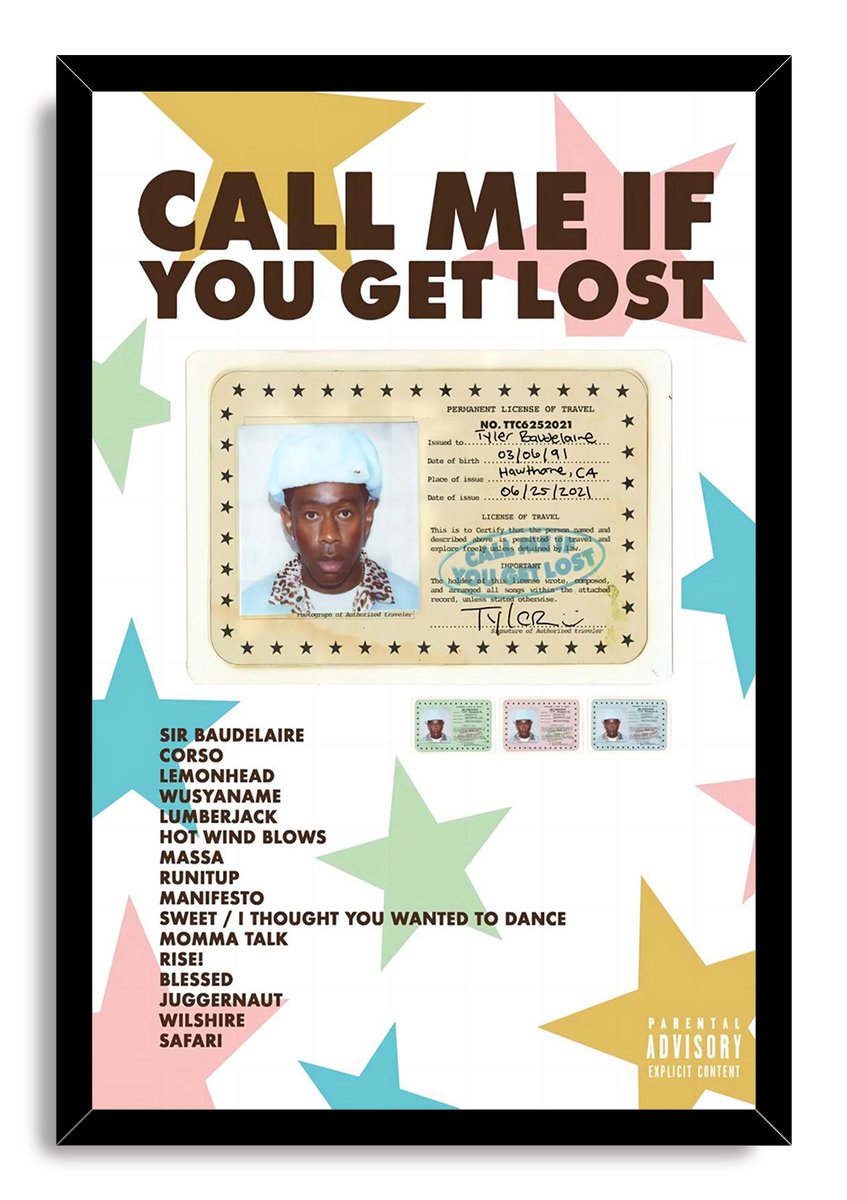 Call Me If You Get Lost framed wall art print with Tyler portrait travel license, bold title, colorful stars, and track list.