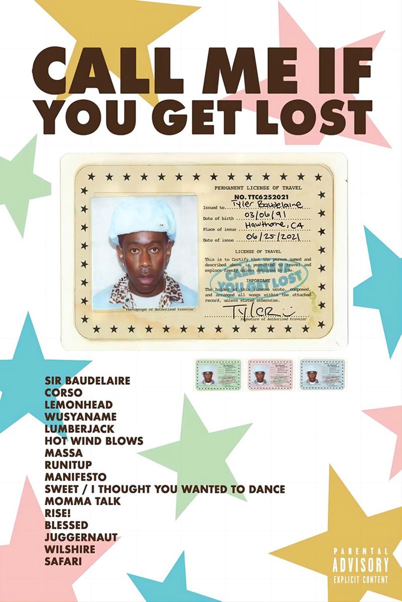Call Me If You Get Lost poster with bold brown title, colorful stars, Tyler portrait travel license, and track list.