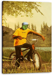Wolf Haley canvas wall art print features a green-masked rider on a BMX bike, set against golden trees, grass, and water.