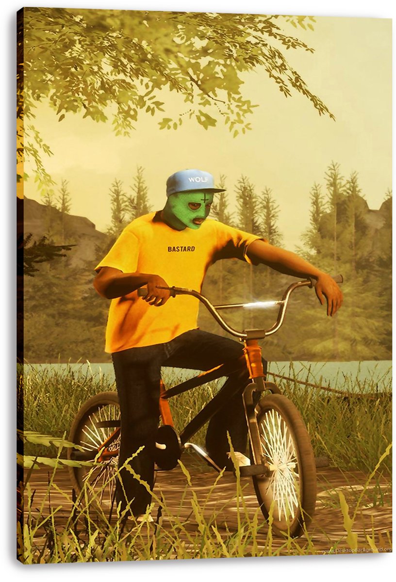 Wolf Haley canvas wall art print features a green-masked rider on a BMX bike, set against golden trees, grass, and water.