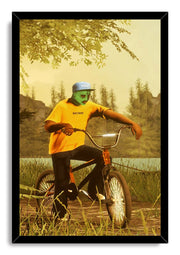 Wolf Haley framed wall art print portrays a green-masked BMX rider wearing a WOLF cap and yellow BASTARD shirt in a warm forest landscape.