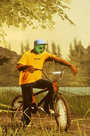 Wolf Haley wall art print depicts a green-masked cyclist in a WOLF cap and yellow BASTARD shirt beside a wooded lake.