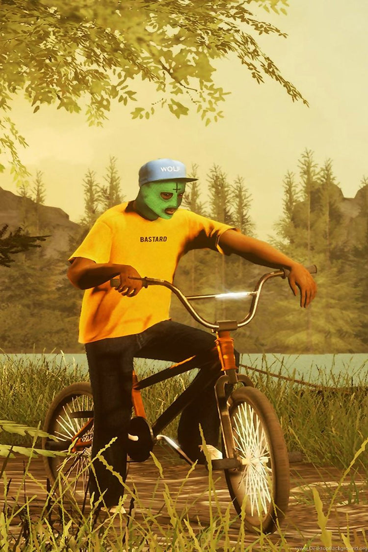 Wolf Haley wall art print depicts a green-masked cyclist in a WOLF cap and yellow BASTARD shirt beside a wooded lake.