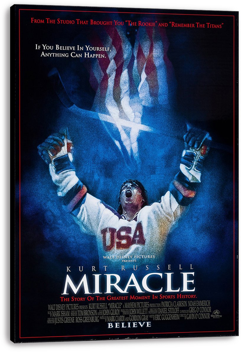 Miracle movie canvas wall art print features a jubilant USA hockey player with raised arms, patriotic flag rays, and blue background.