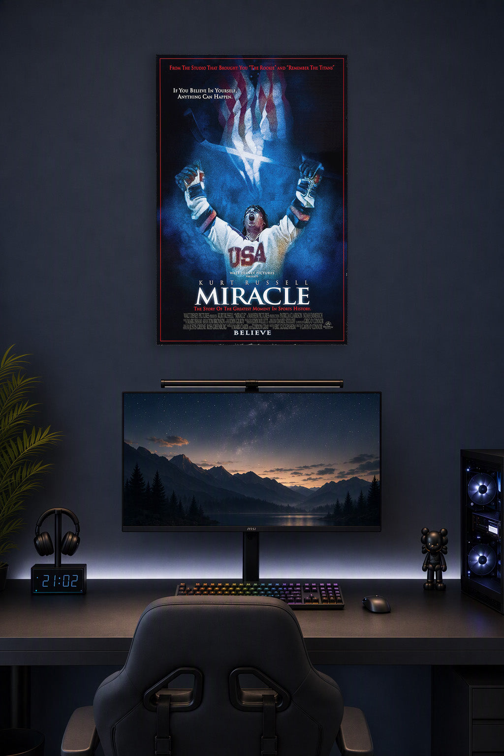 USA Hockey Miracle Victory in a gaming desk setup above a monitor.