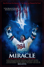 Miracle movie poster wall art print depicts a USA hockey player raising both arms beneath a glowing American flag in deep blue.