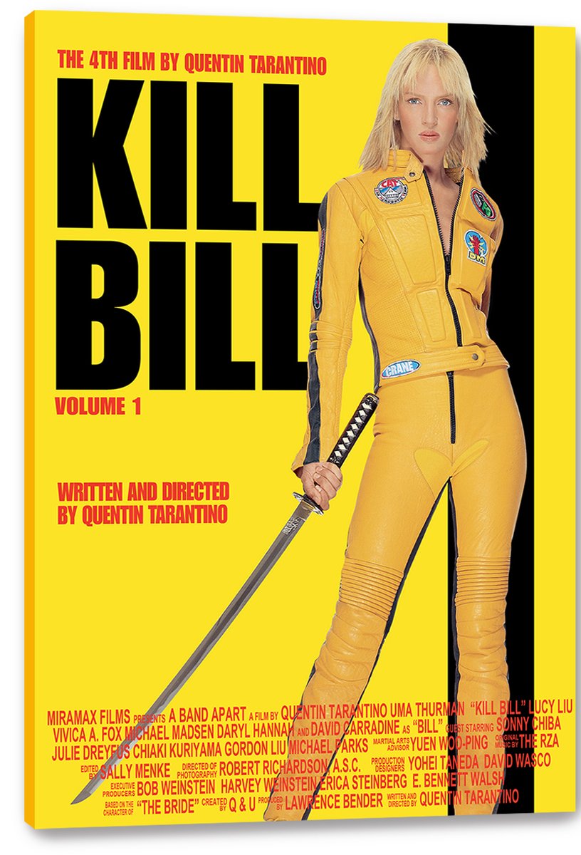 Kill Bill Volume 1 wall art print on stretched canvas, with Uma Thurman in yellow holding a katana against a yellow field.