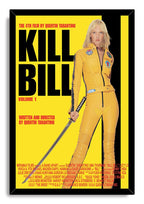 Kill Bill Volume 1 framed wall art print featuring Uma Thurman with a katana, bold black lettering, and a yellow background.