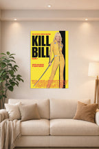 Uma Thurman Kill Bill Vol. 1 The Bride in a bright living room above a beige sofa.