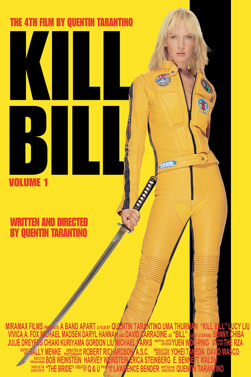 Kill Bill Volume 1 poster featuring Uma Thurman in a yellow jumpsuit holding a katana beside bold black title text.
