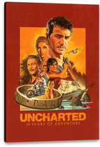 Uncharted canvas wall art print displays a painted adventure collage of Nathan Drake, companions, aircraft, ship, rocks, and bold orange lettering.