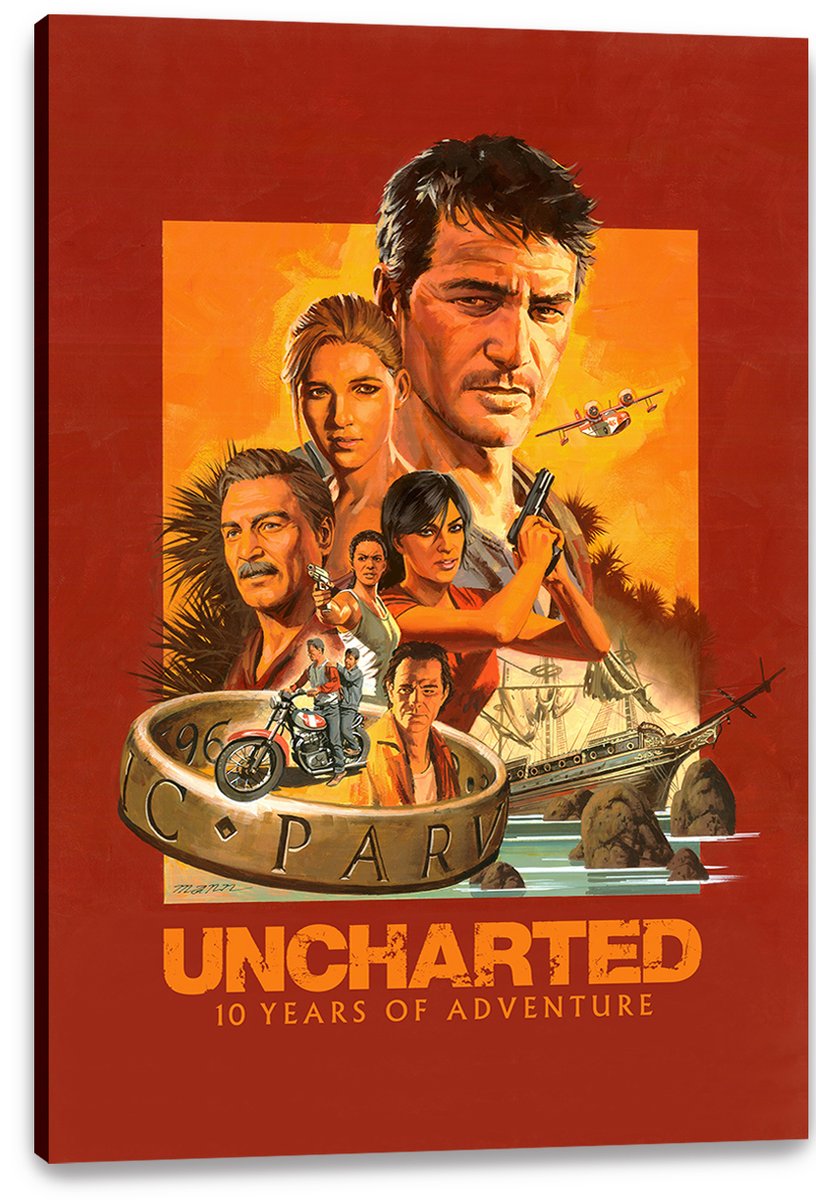 Uncharted canvas wall art print displays a painted adventure collage of Nathan Drake, companions, aircraft, ship, rocks, and bold orange lettering.