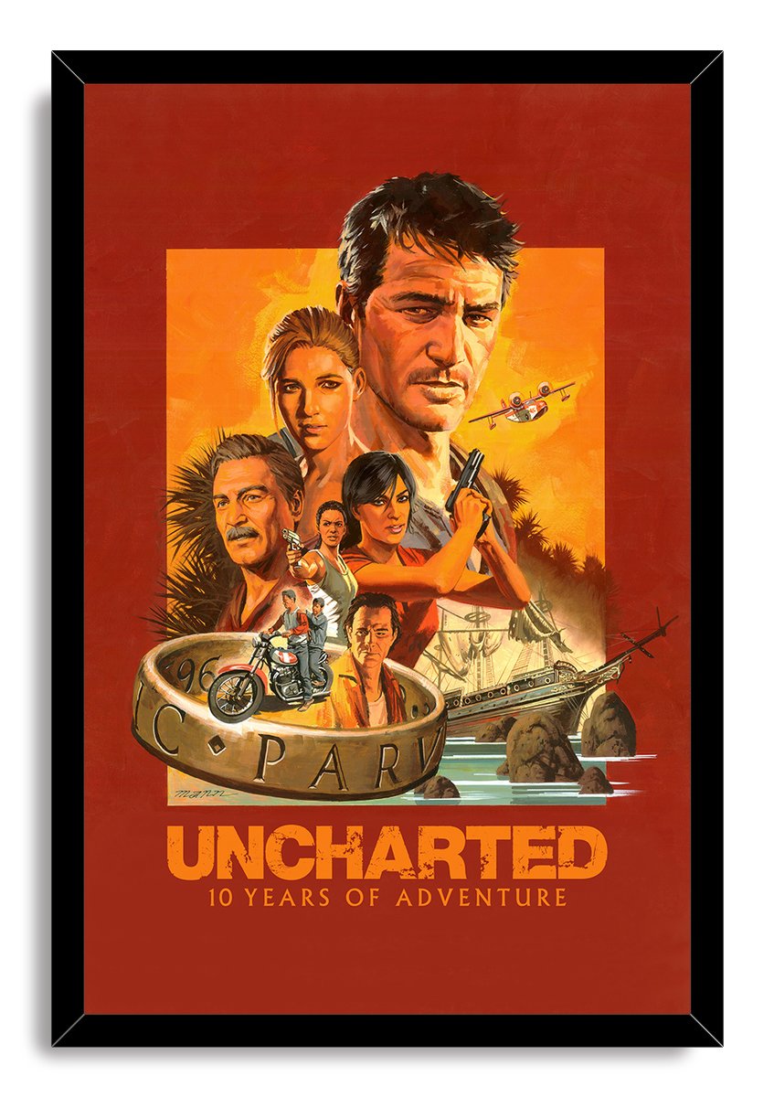 Uncharted framed wall art print presents Nathan Drake and fellow adventurers above a motorcycle, ship, and the text 10 Years of Adventure.