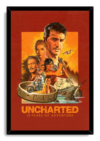 Uncharted framed wall art print presents Nathan Drake and fellow adventurers above a motorcycle, ship, and the text 10 Years of Adventure.