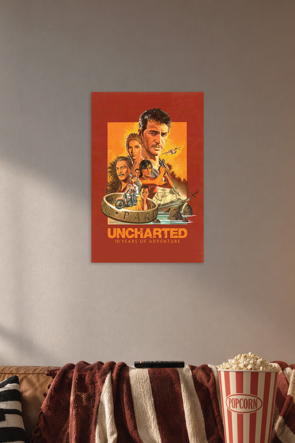 Uncharted Game Characters in a cozy movie room above a brown sofa with popcorn.