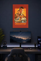 Uncharted Game Characters in a gaming desk setup above a monitor.