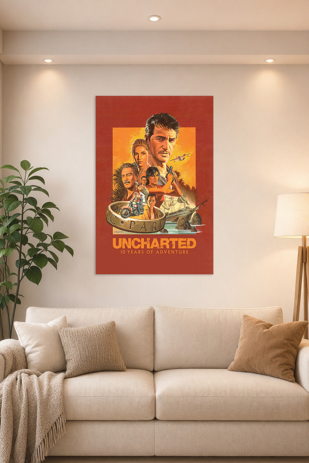 Uncharted Game Characters in a bright living room above a beige sofa.
