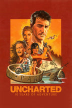 Uncharted poster wall art print features Nathan Drake and companions with guns, a plane, ship, motorcycle, and orange-red retro design.