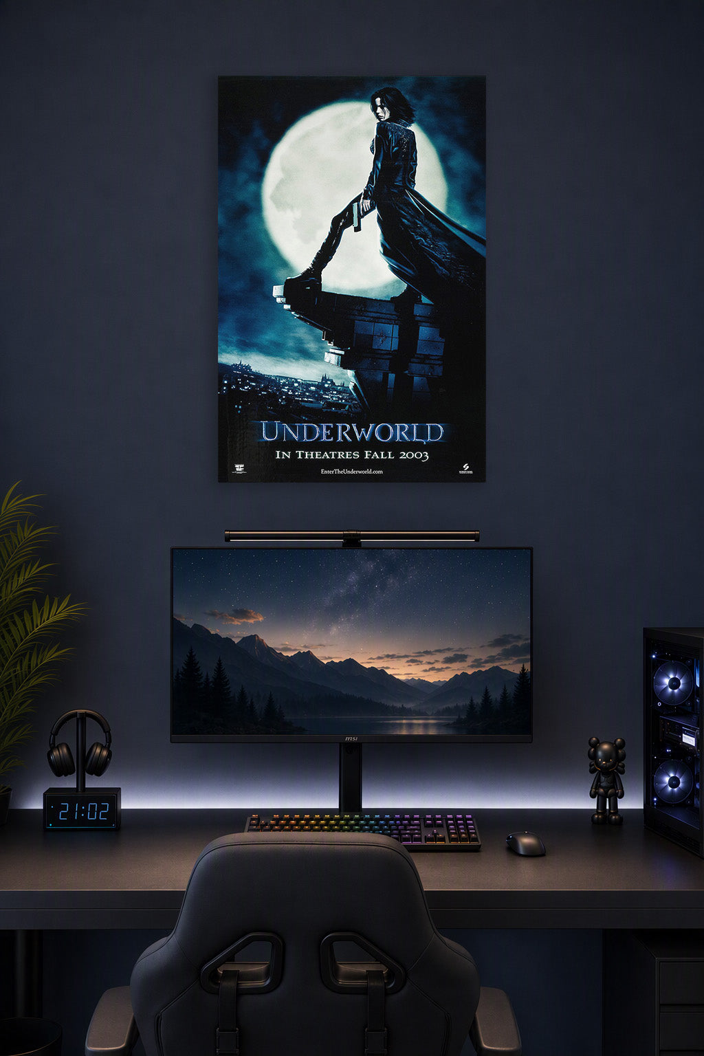 Underworld Selene in a gaming desk setup above a monitor.
