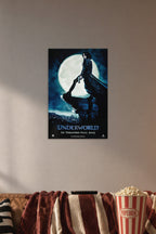 Underworld Selene in a cozy movie room above a brown sofa with popcorn.