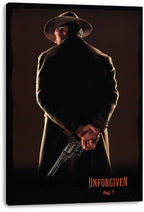 Unforgiven canvas wall art print features a shadowed cowboy in a brown hat holding a revolver behind his back, with red title text.