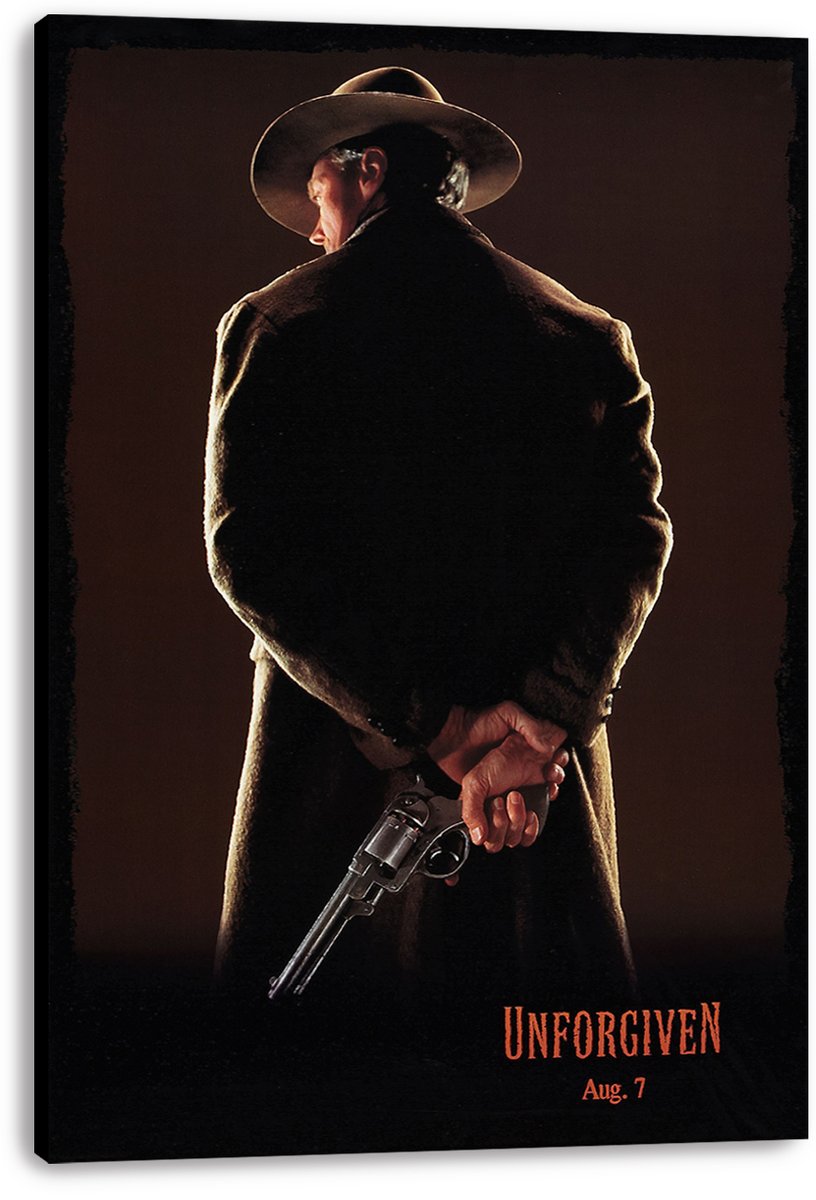 Unforgiven canvas wall art print features a shadowed cowboy in a brown hat holding a revolver behind his back, with red title text.