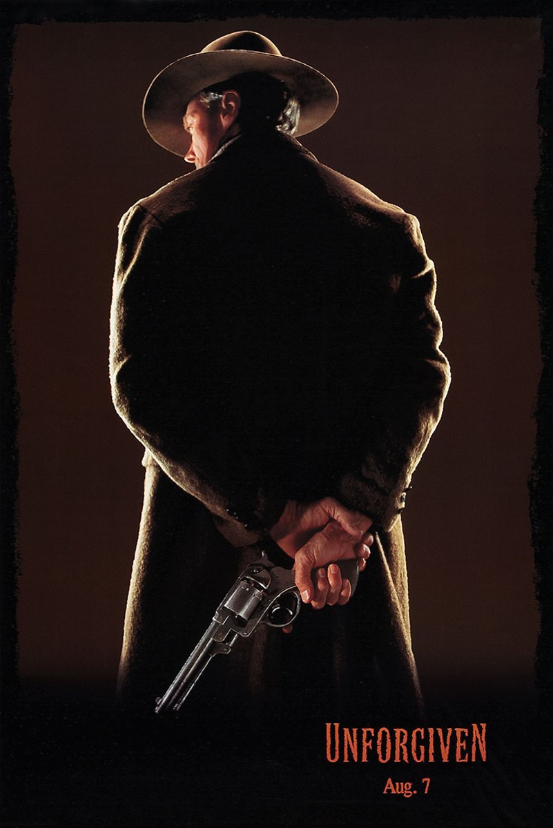 Unforgiven movie poster wall art print depicts a cowboy in a wide-brim hat concealing a revolver behind his back.
