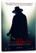 V for Vendetta canvas wall art print displays the masked, cloaked V with daggers, red title text, and a political quote.