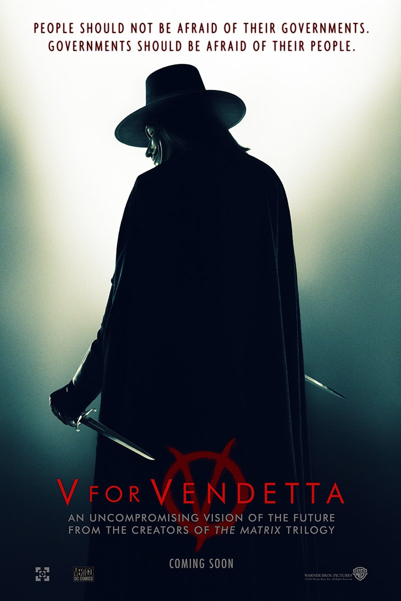 V for Vendetta poster features a cloaked Guy Fawkes-masked figure holding daggers beneath a political quote and red title.