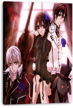 Vampire Knight canvas wall art print featuring a girl in black between two men, with blue roses and a rabbit plush.