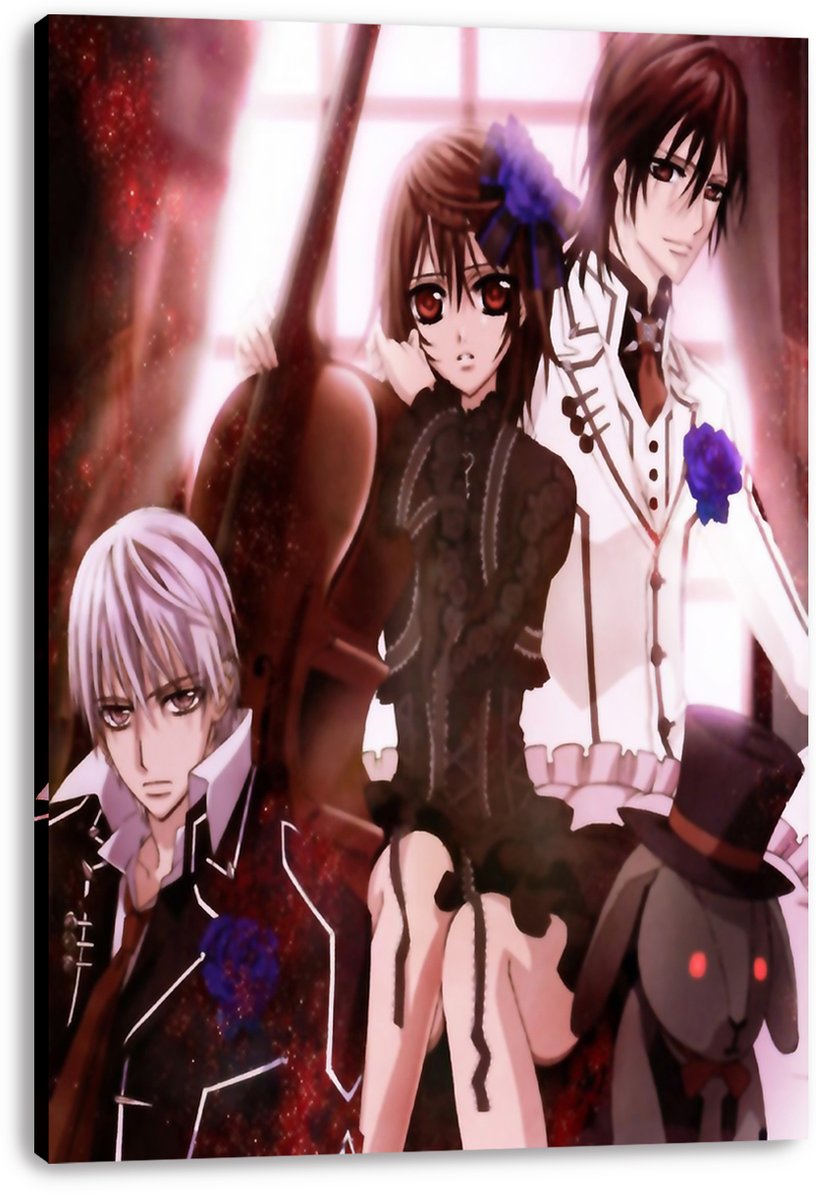 Vampire Knight canvas wall art print featuring a girl in black between two men, with blue roses and a rabbit plush.