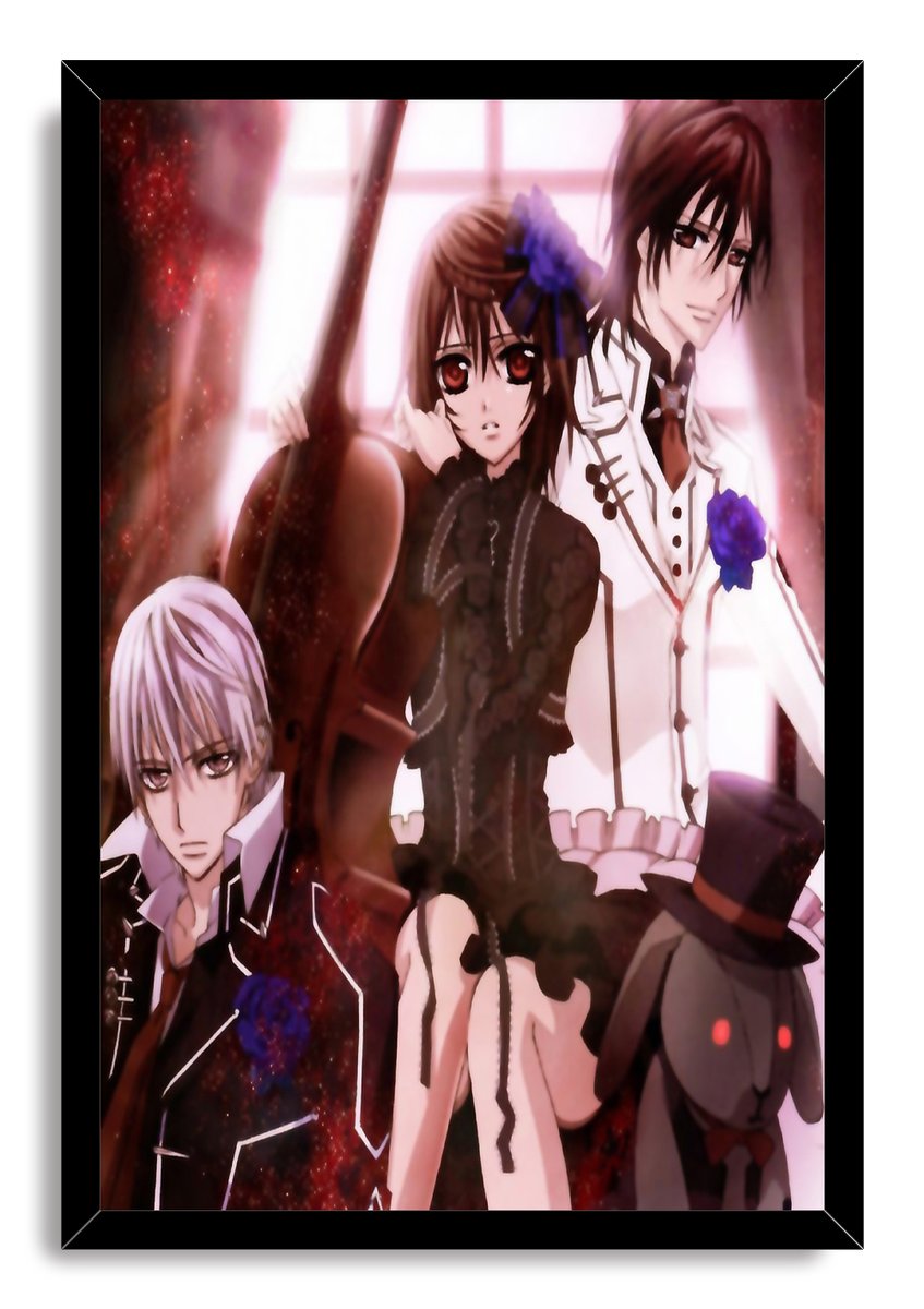 Vampire Knight framed wall art print featuring three gothic anime characters, blue floral accents, and a red-eyed rabbit plush.