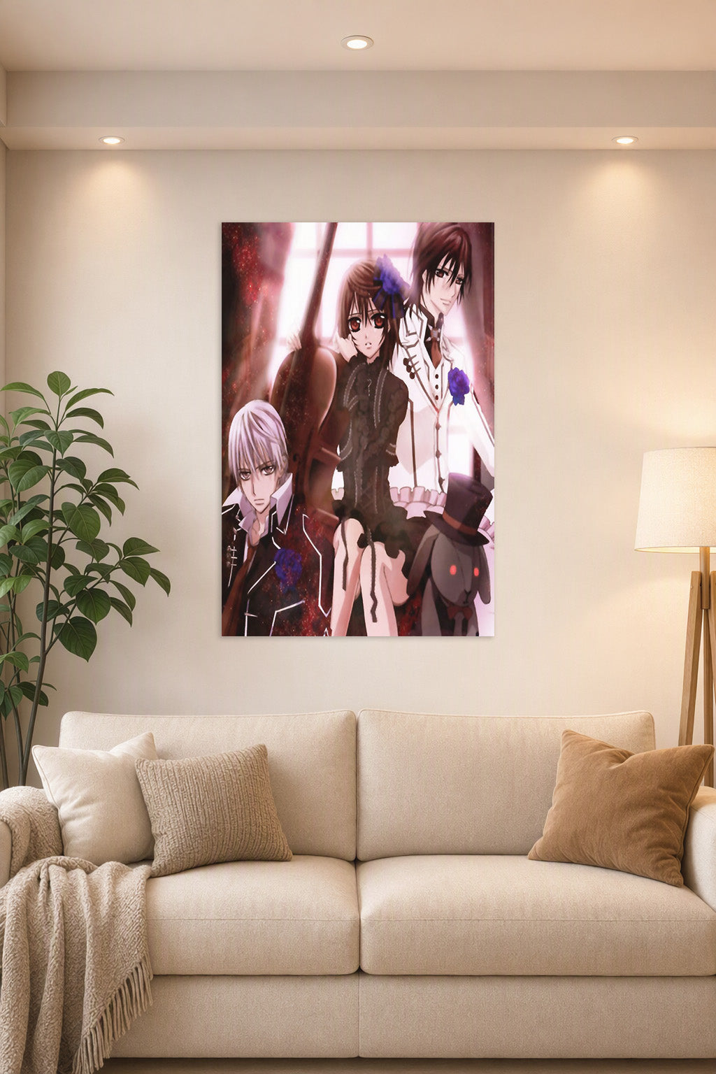 Vampire Knight Trio in a bright living room above a beige sofa.