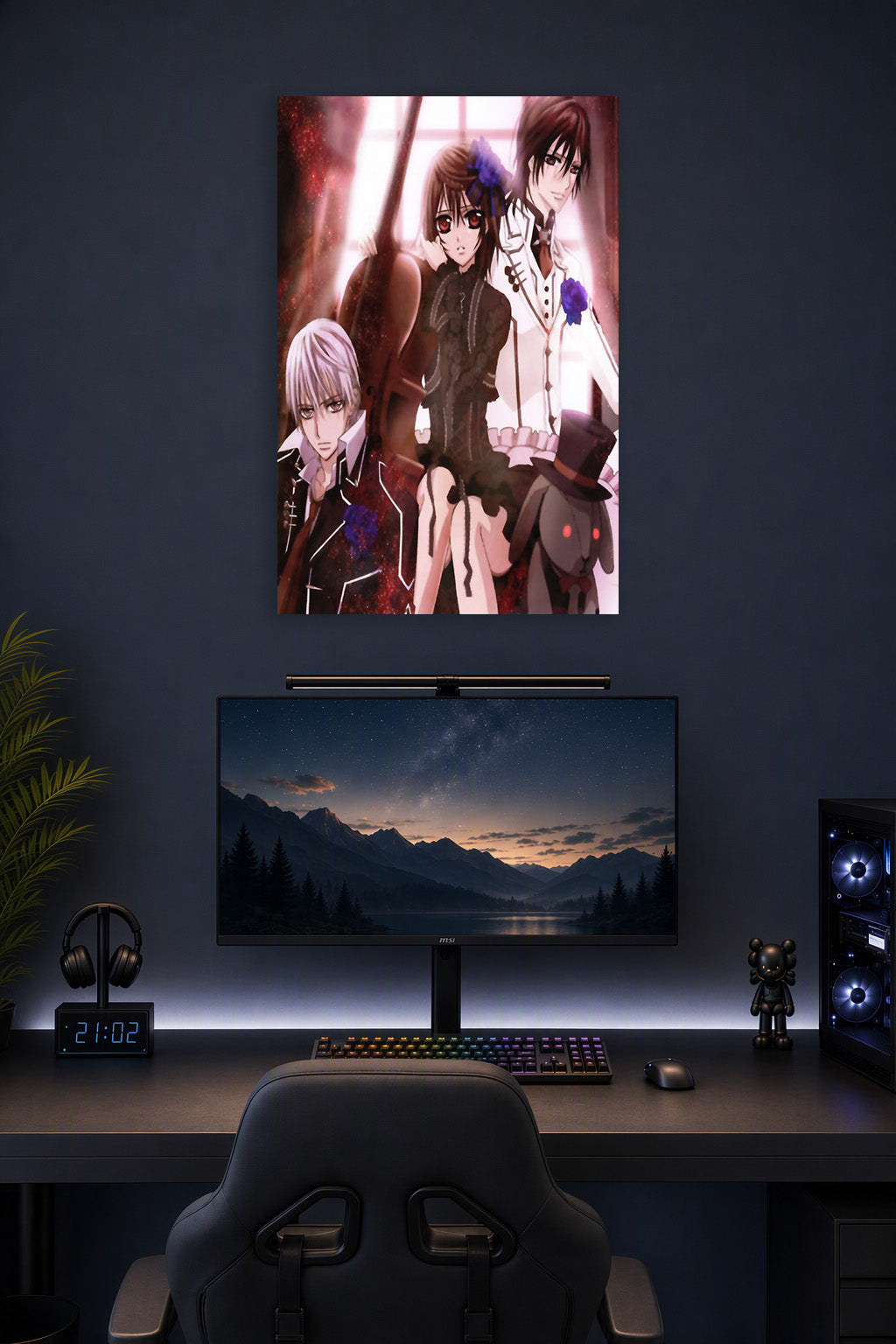 Vampire Knight Trio in a gaming desk setup above a monitor.
