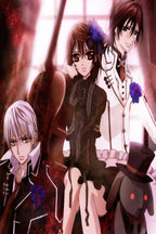 Vampire Knight wall art print featuring three anime characters in gothic outfits, blue roses, and a red-eyed plush rabbit.