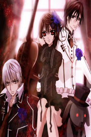 Vampire Knight wall art print featuring three anime characters in gothic outfits, blue roses, and a red-eyed plush rabbit.