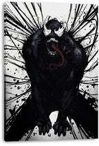 Venom canvas wall art depicts the snarling black symbiote with a red tongue against a white background of sweeping black ink strokes.