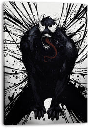 Venom canvas wall art depicts the snarling black symbiote with a red tongue against a white background of sweeping black ink strokes.
