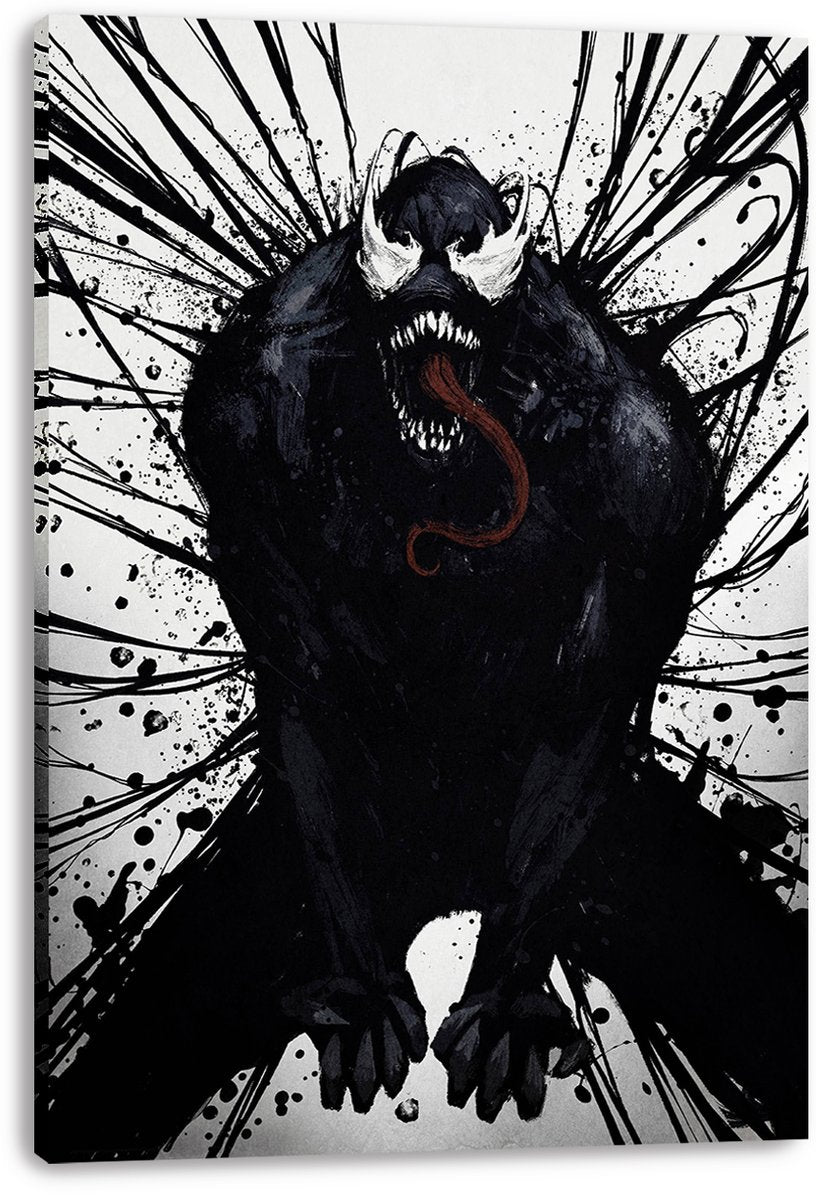 Venom canvas wall art depicts the snarling black symbiote with a red tongue against a white background of sweeping black ink strokes.