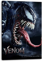Venom canvas wall art print displays the black symbiote's fanged grin and long red tongue against dark clouds and a bridge.