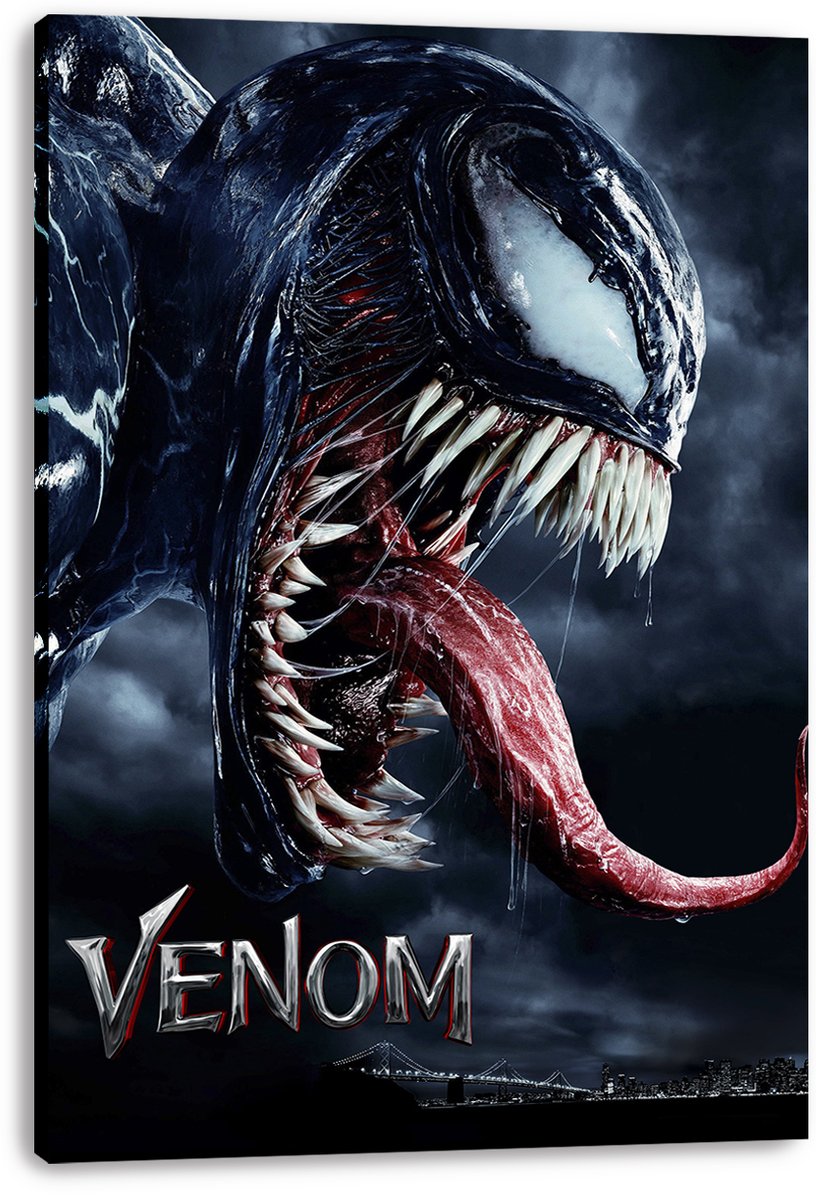 Venom canvas wall art print displays the black symbiote's fanged grin and long red tongue against dark clouds and a bridge.