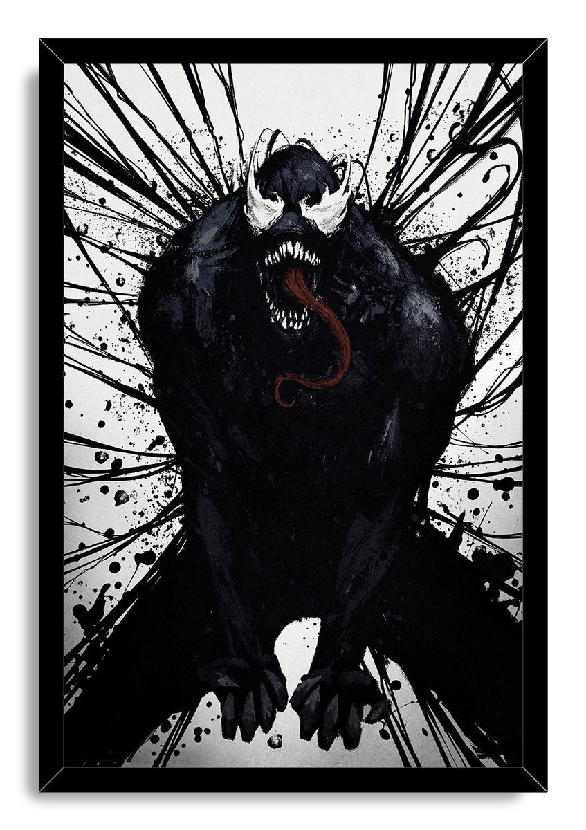 Venom framed wall art print features the dark crouching symbiote, white eyes and fangs, red tongue, and dramatic black splatter lines.