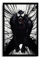 Venom framed wall art print features the dark crouching symbiote, white eyes and fangs, red tongue, and dramatic black splatter lines.